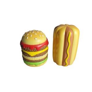 Hot Dog Hamburger Salt Pepper Shakers Vintage JSNY Novelty BBQ Picnic Summer